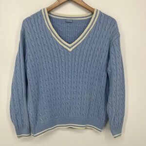 John Galt Sweater Women's One Size Blue Cable Knit V-Neck Coton Blend